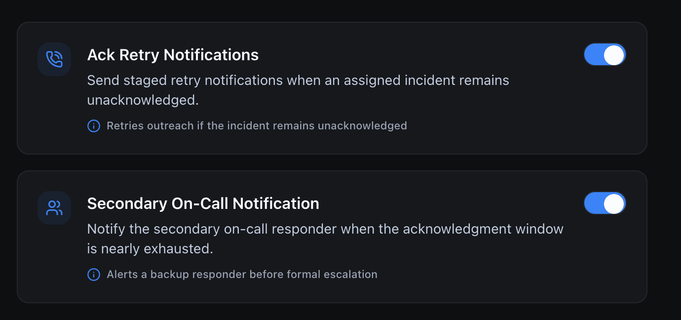 Ack retry notifications and secondary on-call notification toggles