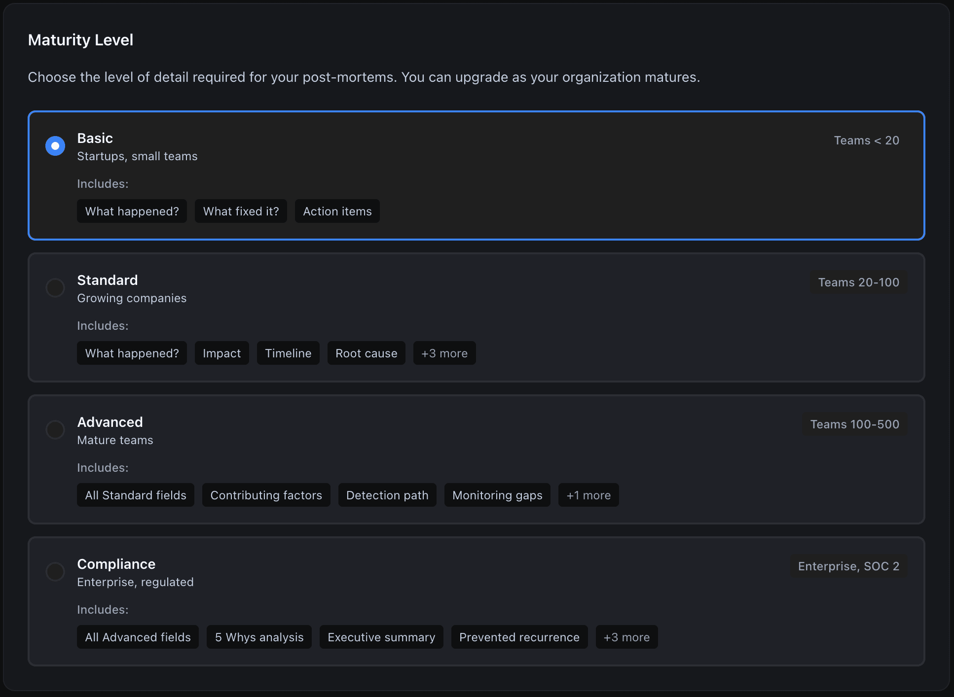 Postmortem maturity levels: Basic, Standard, Advanced, and Compliance with included fields per level