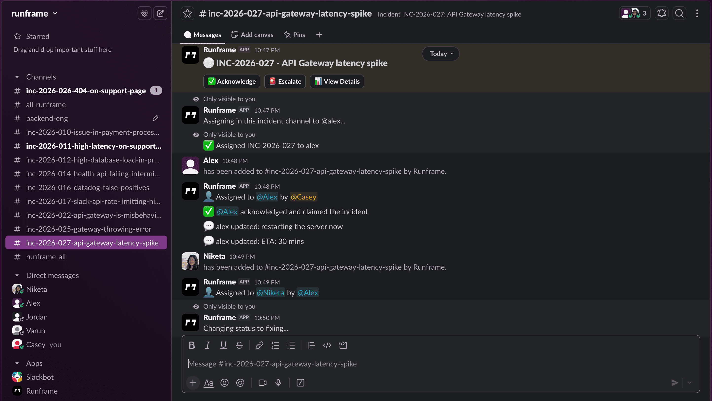 Runframe incident management inside Slack showing slash commands, incident channel, and interactive buttons