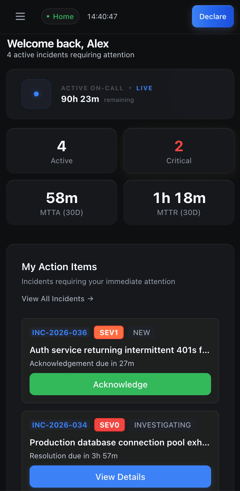 Runframe mobile dashboard showing active incidents, on-call status, and action items