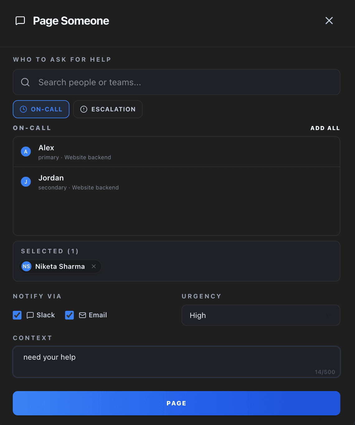 Page Someone modal showing on-call responders, notification channels, urgency level, and context field