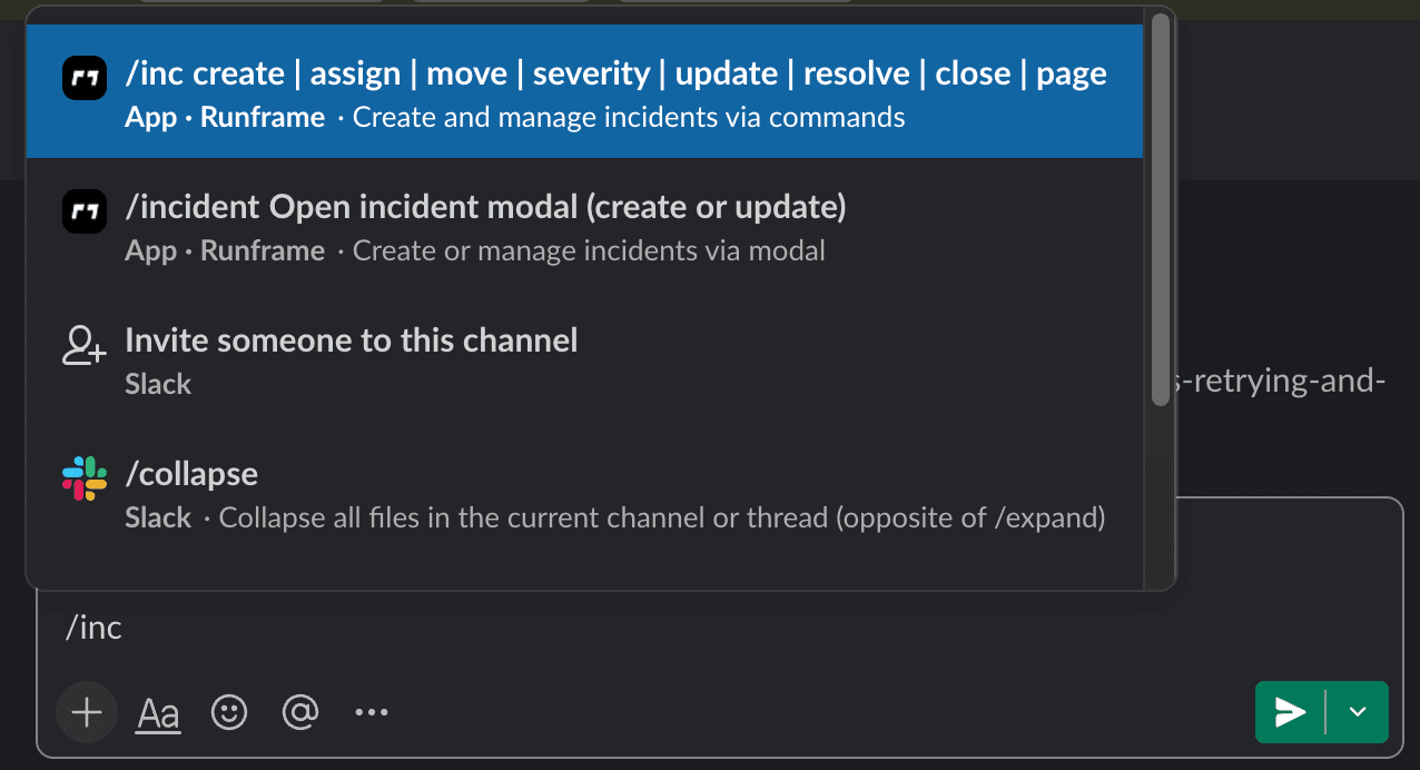 Typing /inc in Slack shows Runframe slash commands: create, assign, move, severity, update, resolve, close, page