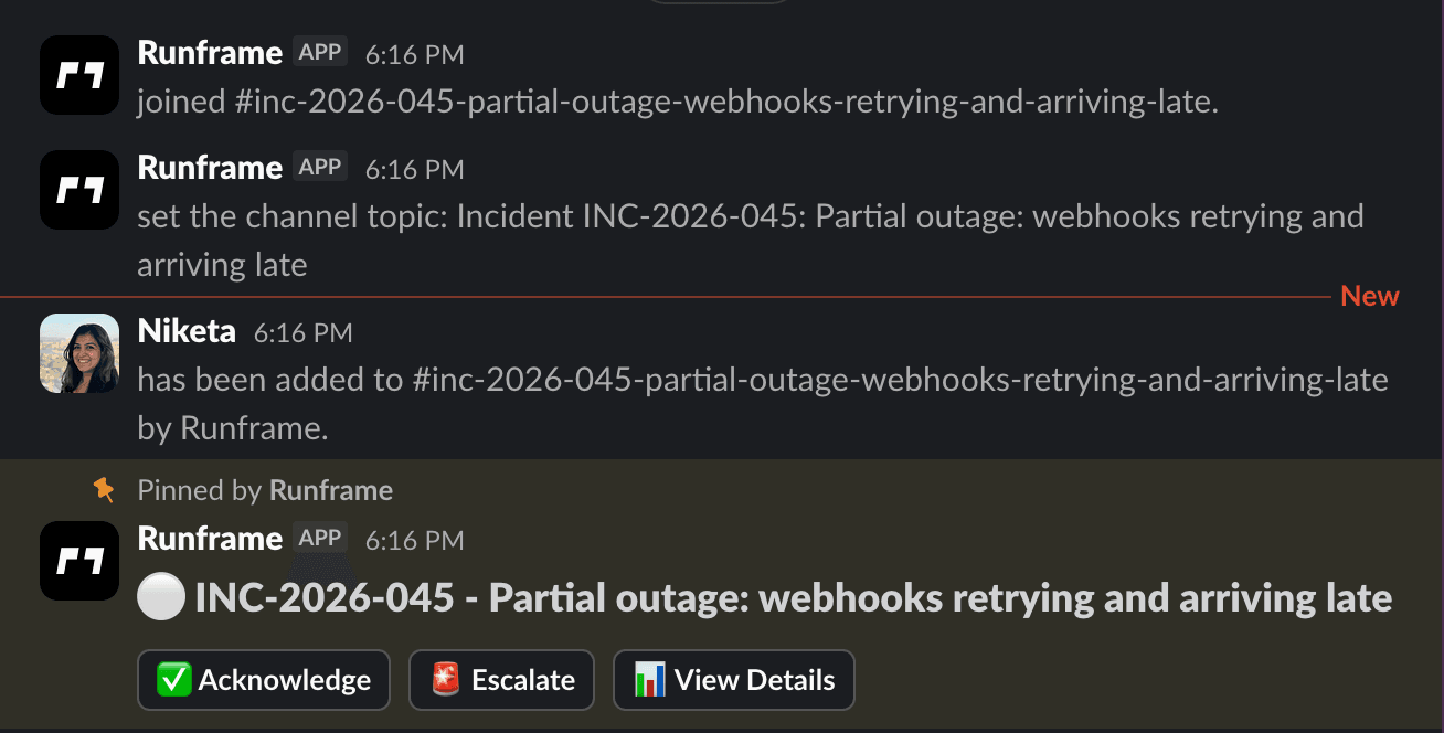 Runframe bot in a Slack incident channel: auto-created channel, topic set, user added, pinned incident with Acknowledge, Escalate, and View Details buttons