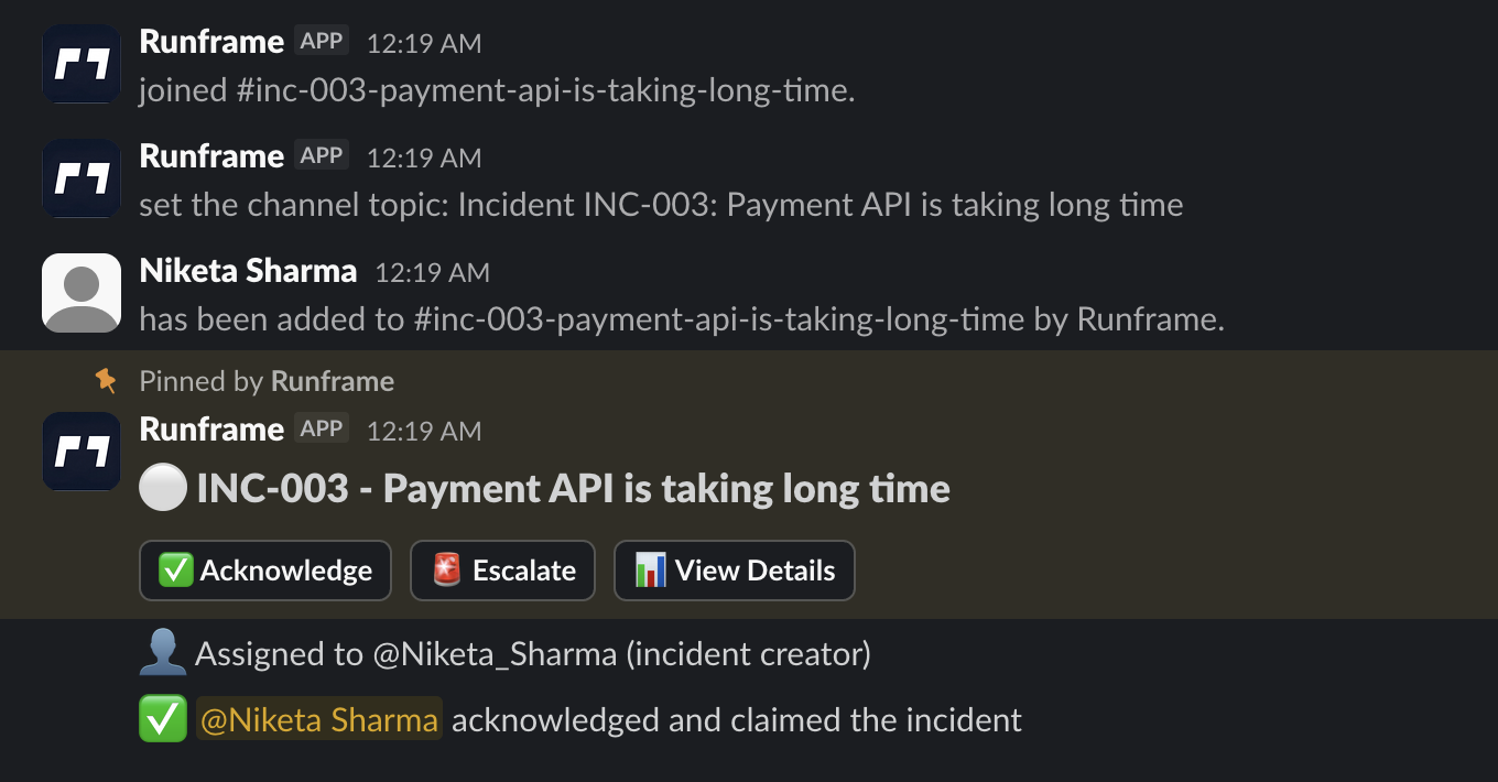 Runframe Slack incident workflow showing incident summary, actions, and ownership context